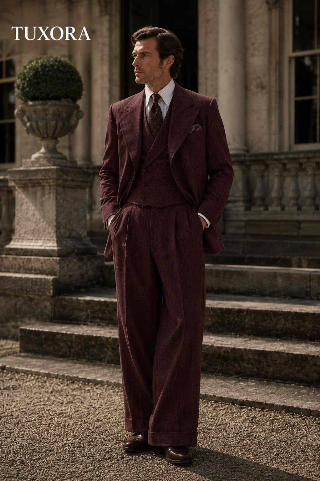Maroon three-piece suit