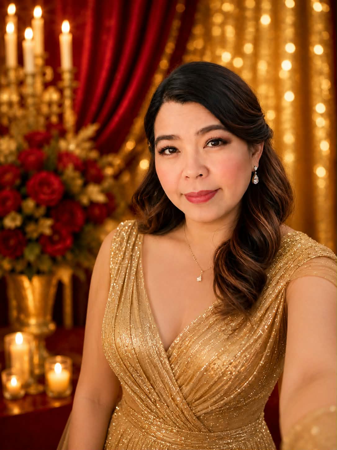 Almira in a golden gown celebrating her 50th birthday