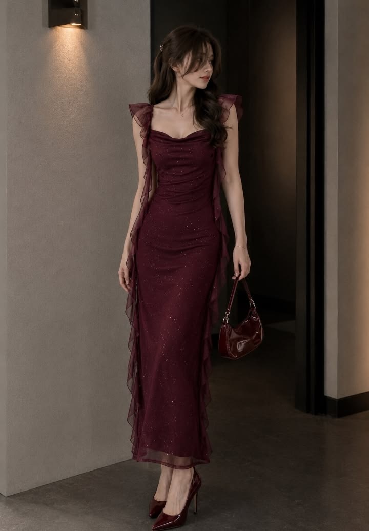 Burgundy shimmer maxi dress with organza ruffles