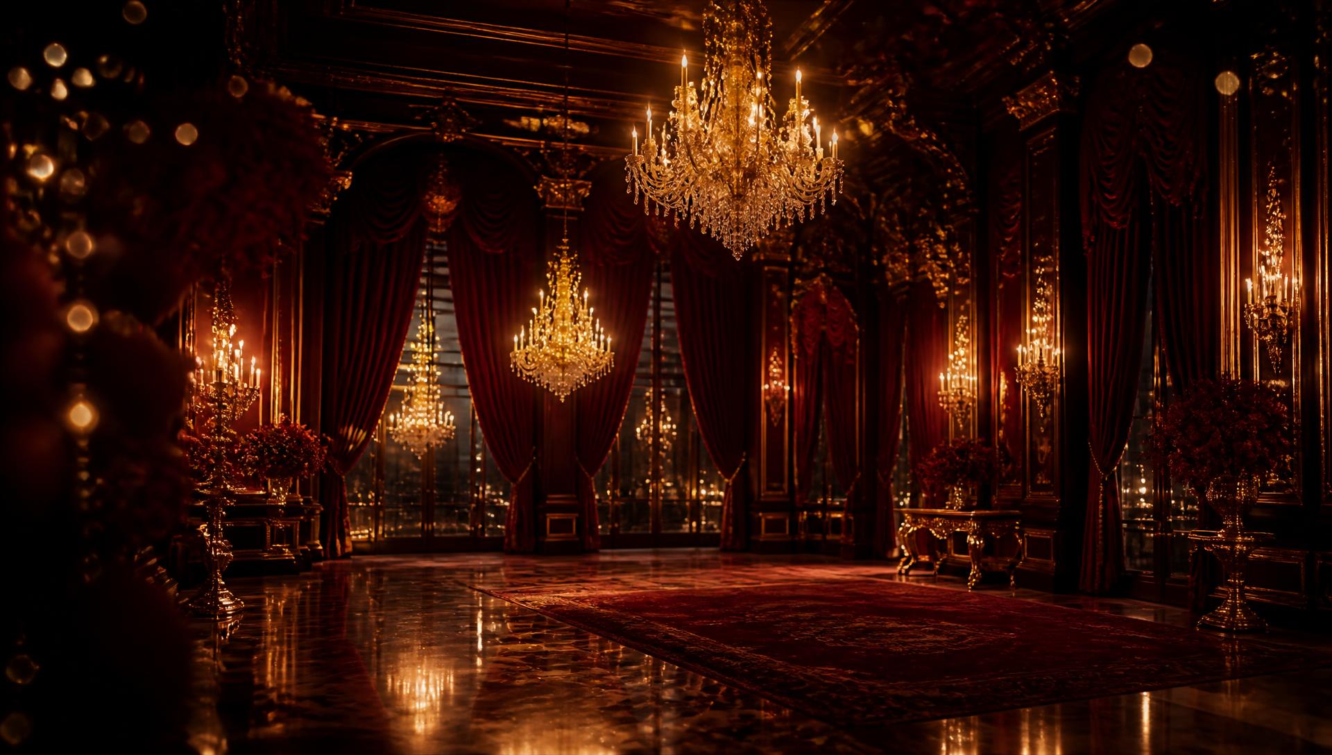 Grand burgundy and gold ballroom lit by crystal chandeliers